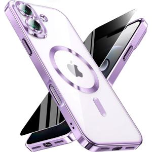 WEYNRBOX Magnetic for iPhone 17 Case with Privacy Screen Protector & Full Camera Cover,[Non-Yellowing] Shockproof Clear Phone Case Compatible with MagSafe Women Girls for iPhone17,Purple