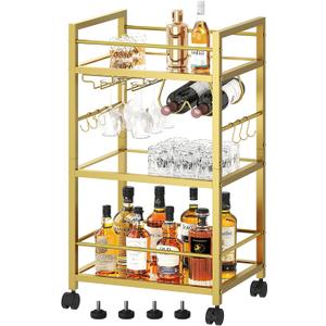 Bar Cart, Serving Cart for Home, Microwave Cart, Drink Cart, Mobile Kitchen Shelf with Rack and Glass Holder, Rolling Beverage Cart for Dining Room, Gold