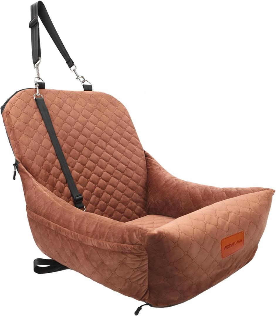 Wooaidagg Dog Car Seat for Small Dogs,Covered Soft Fabric and Fill in Memory Foam,Easy to Assemble and Fully Detachable,2 Clip-On Safety Leashes and Storage Pockets(Brown)