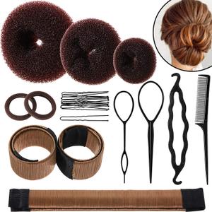 WILLBOND Hair Bun Shaper Set, 3 Pcs Hair Donut, 2 Pcs Bun Marker, 4 Pieces Ponytail Tool, 10 Pieces Bobby Pins and 2 Elastic Bands, Hairs Styling Accessories Maker Kit for Women(Brown