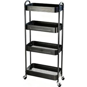 4 Tier Slim Storage Cart with Wheels for Laundry Room Between Washer and Dryer, 7.1'' Narrow Rolling Cart with Wheels and Lockable Casters, Metal Thin Standing Shelf for Small Space, Black