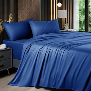 Shilucheng 4 Piece Full Sheet Sets, Cooling Sheets, Blend Rayon Derived from Bamboo, Deep Pocket Up to 16", Breathable & Soft Bed Sheets, Hotel Silky Bedding Set, Navy Blue