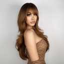 N NAYASA Light Brown Wigs for Women Brown Wig with Bangs 24Ombre Brown Wig with Dark Roots Long Layered Wig Heat Resistant Synthetic Wig Natural Looking Wigs for Daily Party Use