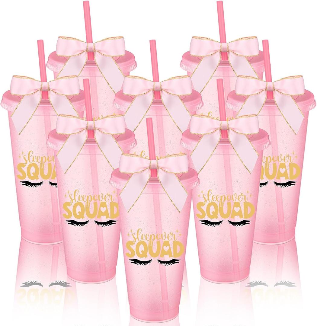 8 Pcs Pink Sleepover Party Supplies for Girls Slumber Party Cup Birthday Squad Cup with Lid Straw and Twist Bow 24 oz Plastic Coffee Tumbler Travel Mug for Spa Pajama Birthday Favor Stuff Teen Girl