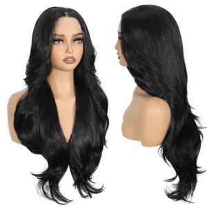 Black 13x4 HD Lace Front Wigs for Women, Long Layered Wavy Glueless Synthetic Wig, Natural Hairline Heat Resistant, Beginner Friendly Daily Use 26Inch