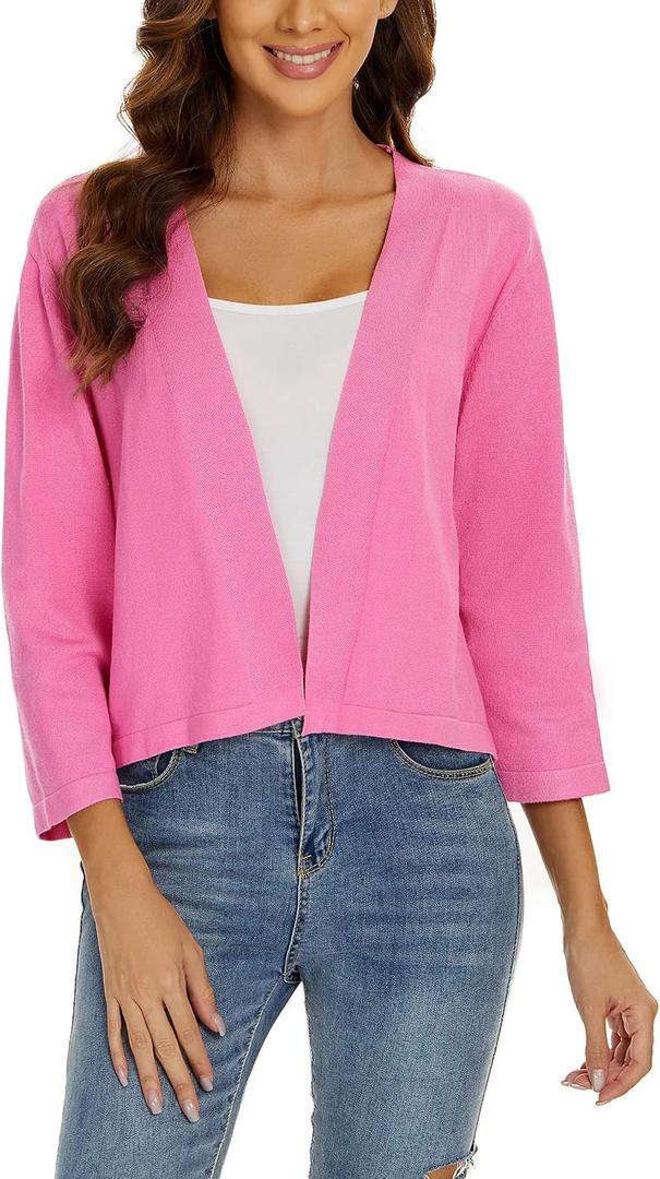 Satuun Women's 3/4 Sleeve Shrugs Lightweight Open Front Cropped Cardigan Tops, XXL