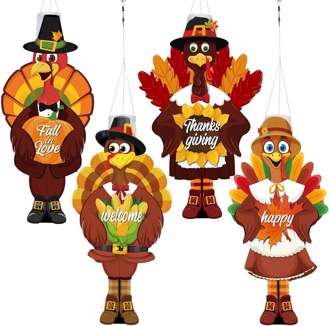 4 Pcs Turkey Windsock Thanksgiving Windsocks Yard Decorations Flag Fall Garden Windsock for Outside Fade Resistant Flag for Thanksgiving Yard Party Decorations