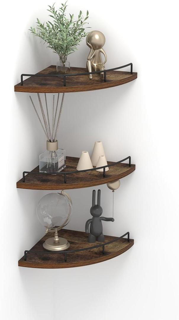 Trwcrt Corner Shelf Wall Mounted Set of 3, Floating Wall Shelves Rustic Wooden Storage Shelves for Bedroom, Living Room, Bathroom, Brown (Fan-Style)