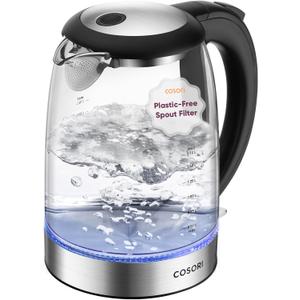 Cosori Electric Kettle, No Plastic Filter & Spout, 1.8Qt Tea Kettle & Hot Water Boiler For Coffee & Tea, Water Heater & Teapot, Automatic Shut Off, Borosilicate glass, Black, 1500W