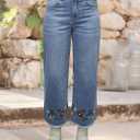 Flamingals Straight Leg Jeans for Women Low Rise Cropped Jeans Wash Embroidery Raw Hem Denim Pants (XX-Large, Mid Light Blue)