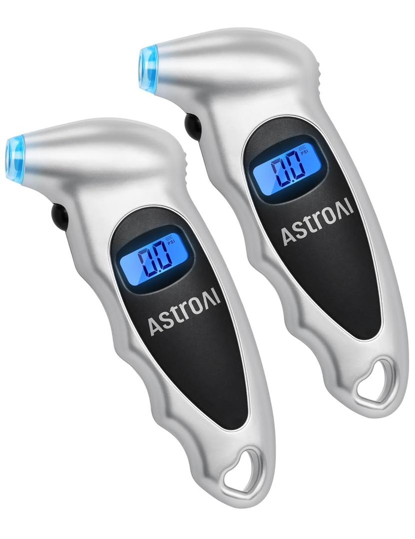 AstroAI Tire Pressure Gauge Digital 0-150PSI (Accurate in 0.1 Increments), 4 Units Stocking Stuffers for Car Truck Bicycle with Backlight LCD and Presta Valve Adaptor, Sliver (2 Pack) (Silver)
