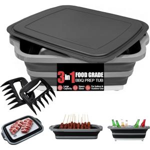 BBQ Prep Tub with 2 Pcs Meat Shredder Claws, 3-IN-1 Large 8L Collapsible Cutting Board with Lid for Meal Prep, Camping Sink for marinating food, Dish Basin, Grilling, Outdoor Cooking