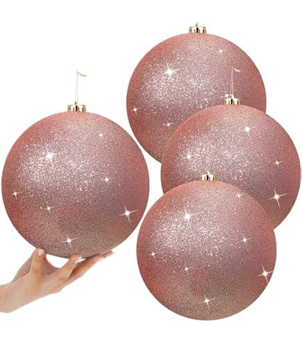 Zubebe 4 Pcs Extra Large Christmas Ball Ornaments Glitter 8'' (200 Mm) Giant Oversized Plastic Xmas Ball Big Hanging Christmas Tree Ornaments for Holiday Party Outdoor Decor (Glitter Rose)