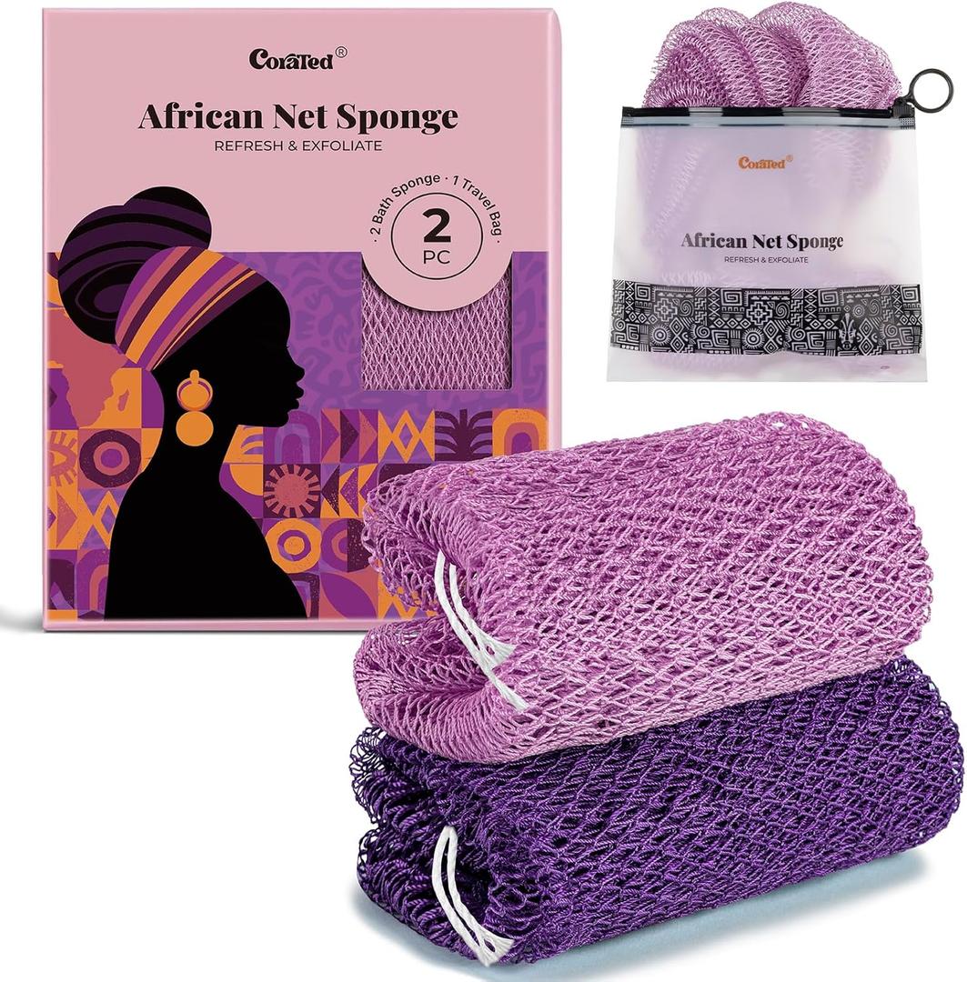 CORATED African Net Sponge Authentic, Shower Loofah Exfoliating Bath Sponge, Body Scrubber for Women and Men Daily Use Body Care, Travel Portable Bath Accessories Spa Gifts (Purple & Light Purple)