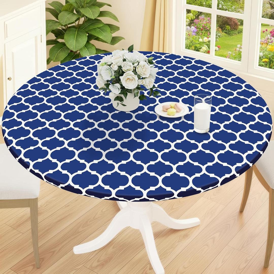 Smiry Round Picnic Tablecloth, Waterproof Elastic Fitted Table Covers for 36" - 44" Tables, Wipeable Flannel Backed Vinyl Tablecloths for Camping, Indoor, Outdoor, Navy & White
