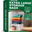 20 PACK 25 Gallon Extra Large Storage Bags, 35.5"x 24"x 7" Resealable Clear Zipper Bags with Handle, Heavy Duty Big Bag for Clothes Pillow Travel Moving, Expandable Bottom, 8 Mil Thick