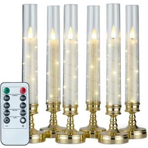 6 PCS Flameless Candles with Timer, Flickering Flameless LED Pillar Candles for Romantic Ambiance with Embedded Star String, Acrylic Battery Perated Fake Candles for Home Decoration (Gold)