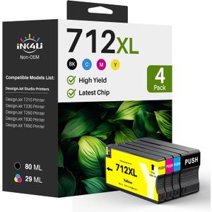 712XL 712 Ink Cartridges High Yield Replacement for 712 DesignJet Ink Cartridge 712XL 712 Black and Color for HP DesignJet T210 Ink T650 T630 T250 T230 Printer (4 Pack, 1BK/1C/1M/1Y)
