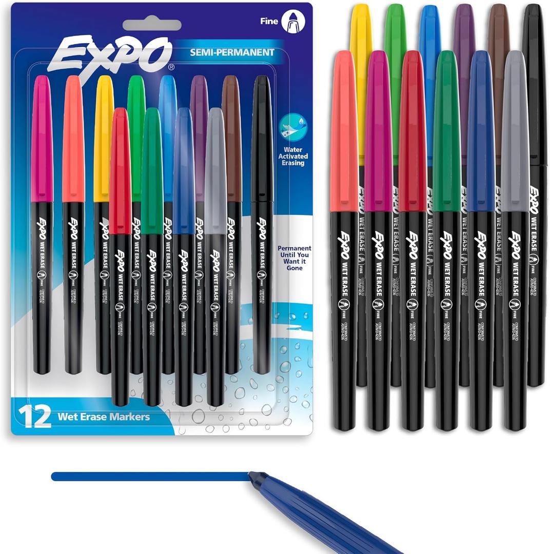 EXPO Wet Erase Markers, Semi-Permanent, Assorted Colors, Fine Tip, 12 Count - For Writing on Glass, Whiteboards, Mirrors, Calendar, Labeling, Organizing