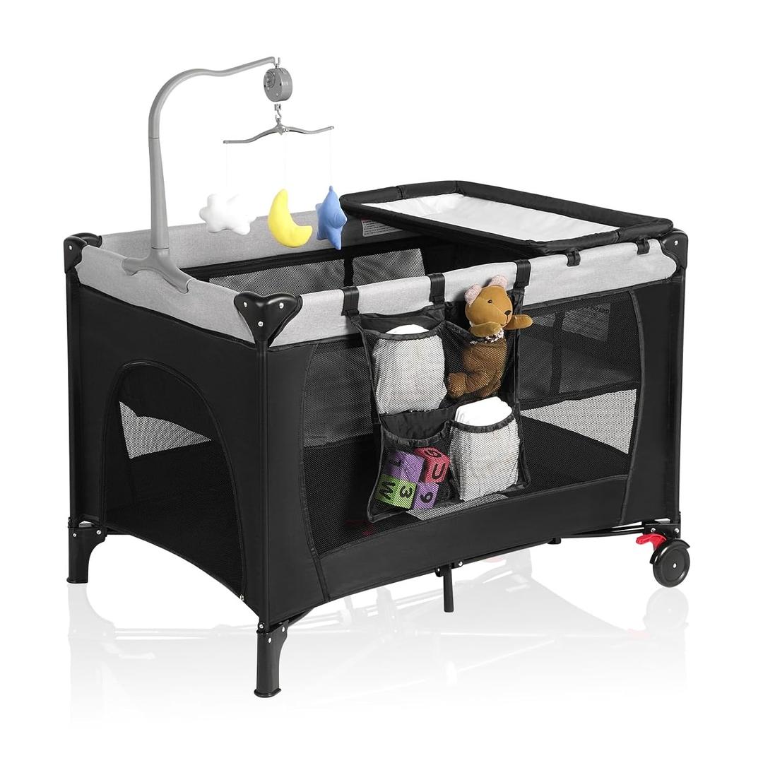 Pack and Play with Changing Table & Carry Bag, 4-in-1 Portable Crib Playpen for Newborn to Toddler, ASTM Certified Foldable Travel Crib with Bassinet(A-Black)