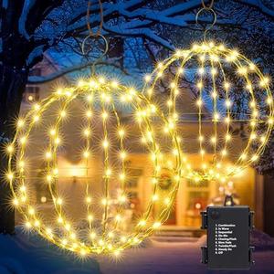 Flacchi Set of 2 Outdoor Hanging Ball Lights - 2 Sizes of Christmas Battery Operated Garden Lanterns Waterproof Globe Fairy Lights with 8 Lighting Modes Timer Memory Function (Warm White)