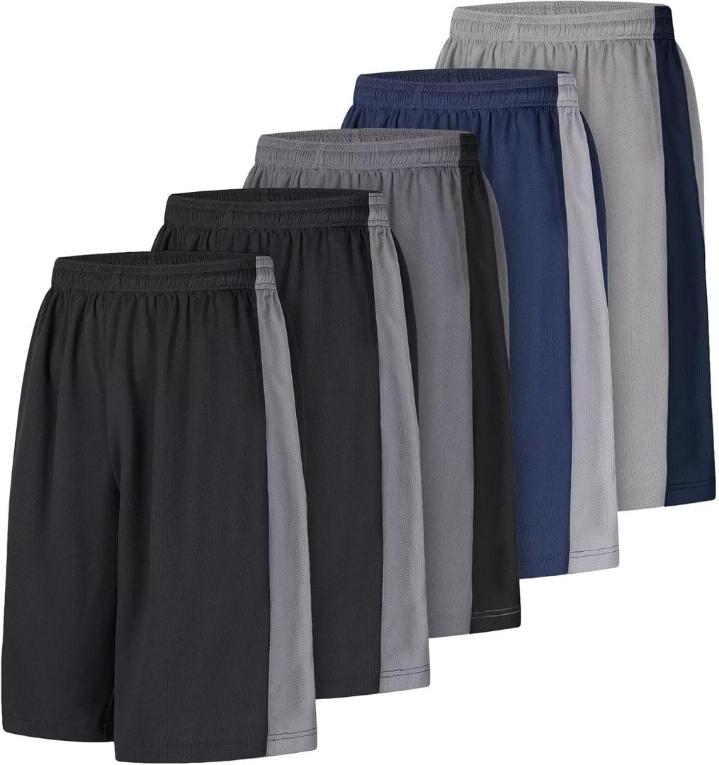 Men's Long Athletic Shorts Basketball Gym Quick Dry Camo Shorts with Pockets (3X-Large, 5 Pack Black/Black/Grey/Light Grey/Blue)