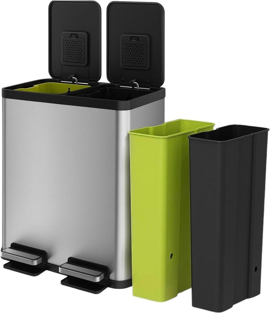 60 Liter / 16 Gallon Rectangular Hands-Free Dual Compartment Recycling Kitchen Step Trash Can with Soft-Close Single Lid, Stainless Steel (30L x 30L Capacity)