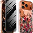 for iPhone 17 Pro Cute Case Floral with Privacy Screen Protector, [Camera Protectors][Not Yellowing] Shockproof Protective Clear Flower Phone Case for 17Pro 6.3'' Womans Girly