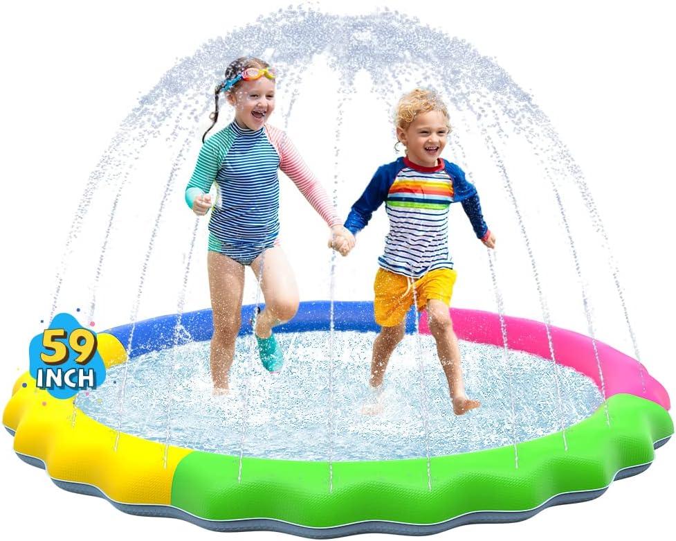 VISTOP Non-Slip Splash Pad for Kids and Dog, Thicken Sprinkler Pool Summer Outdoor Water Toys - Fun Backyard Fountain Play Mat for Baby Girls Boys Children or Pet Dog (59 inch, Red&Yellow&Green&Blue)