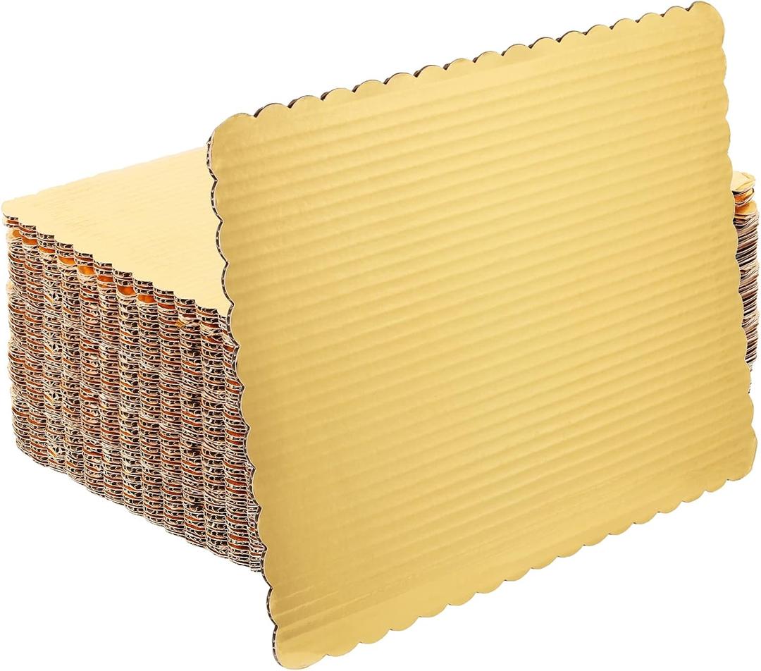 SHEUTSAN 40 Packs 14x10 Inches Gold Corrugated Cake Boards, Rectangle Laminated Quarter Cake Sheet, Grease Proof Scalloped Cardboard Base for Pizza, Desserts and Pastries