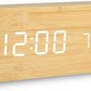 Battery Powered Digital Clock for Bedroom and Living Room Decor, Nightstand Clock with Voice Control Function Dual Display Time(12/24h) and Temperature(C/F), Office Wood Dcor(Wooden)