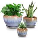 AVLA 3 Pack Ceramic Plant Pots, Gardening Drip Glazed Planters, Decorative Flower Pot with Drainage Hole and Saucer, Round Rustic Houseplant Container for Succulent Herbs Cactus Orchid, Home Office