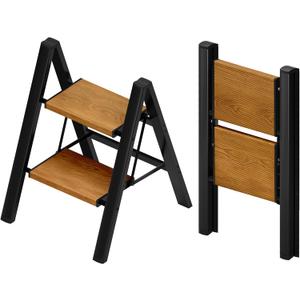 Taranta 2 Step Ladder,Aluminum Lightweight Folding 2 Step Stool with Anti-Slip Wide Pedal, 330lbs Capacity Step Ladder for Household,Kitchen,Office - BlackWoodgrain