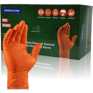 100PCS Orange 8MIL Diamond Grip Nitrile Gloves, Industrial Grade Chemical Resistant Work Gloves for Mechanics, Automotive, Lab Cleaning, Medium