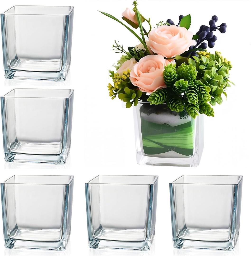 Set of 6 Square Glass Vases for Centerpieces 5in x 5in x 5in Clear Short Flower Vase, Plant Terrariums, or Candle Holders for Wedding Centerpieces, Office Decor, Home Dcor, Parties