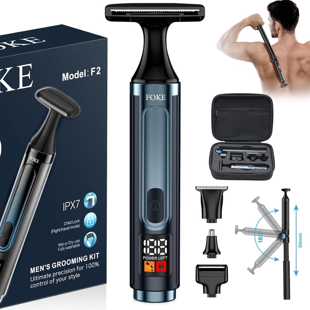 FOKE Back Shaver for Men, Ultra-Wide 1.8" T-Shaped Head, Travel Case, LED Display Mens Back Shaver Rechargeable with Long Handle, Safety Lock, IPX7, Multi-Functional Back Trimmer for Men, (Dark Blue)