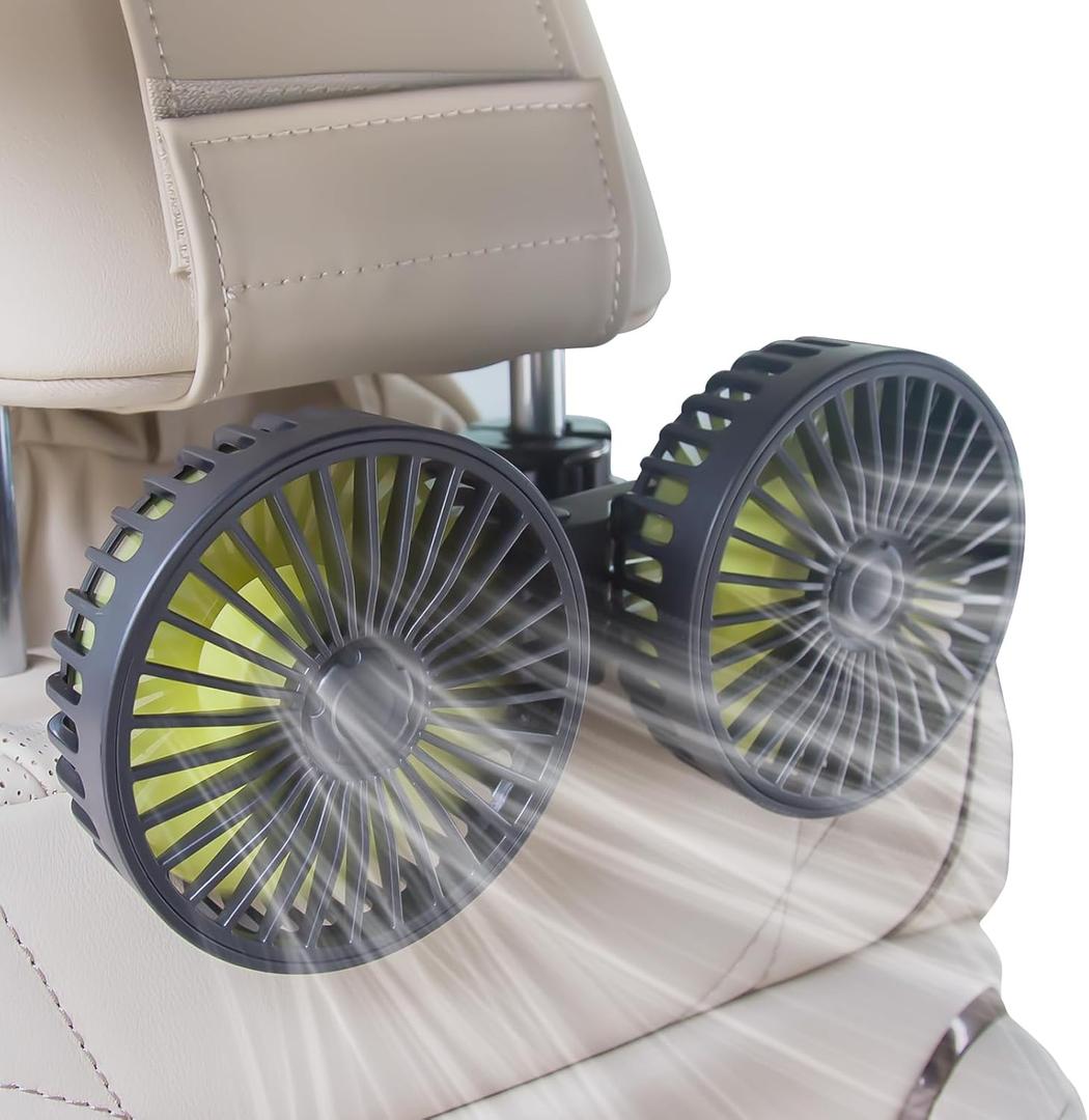 XOOL Car Fans for Backseat - Dual Head USB Cooling Car Fan for Kids, 360 Rotatable Car Rear Headrest Fan, Air Circulation Fan with Adjustable Clip for Vehicles SUV RV Truck