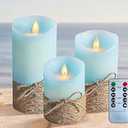 Flameless Pillar Candles with Remote, Moving Flame with Blue Hue, Coastal Decorative Battery Operated Candle Set for Farmhouse Beach Fall Decor, Party Wedding Xmas Bathroom Decor