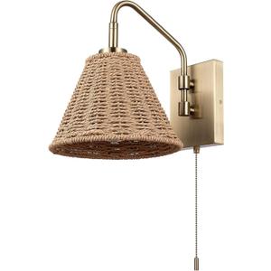 Globe Electric x Novogratz 65000052 1-Light Wall Sconce, Matte Brass Finish, Rattan Shade, On/Off Pull Chain Switch, Home and Office Decor, Modern Lighting for Living Room, Bohemian