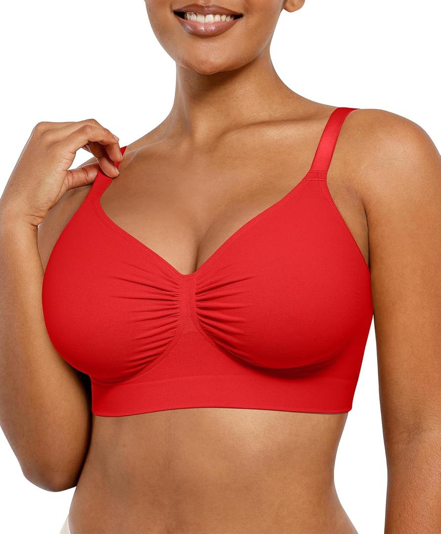 SHAPELLX Wireless Comfy Bra for Women Seamless Bra Non Padded Soft Bralette V Neck Everyday Bras with 4 Rows of Hooks (Medium, Red)