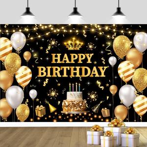 YinQin 180x120 cm Glitter Black Golden Happy Birthday Backdrops Cloth 71x47 inch Bday Photography Backgrounds Gold Happy Birthday Sign Banner Decoration for Women Men (Gold)