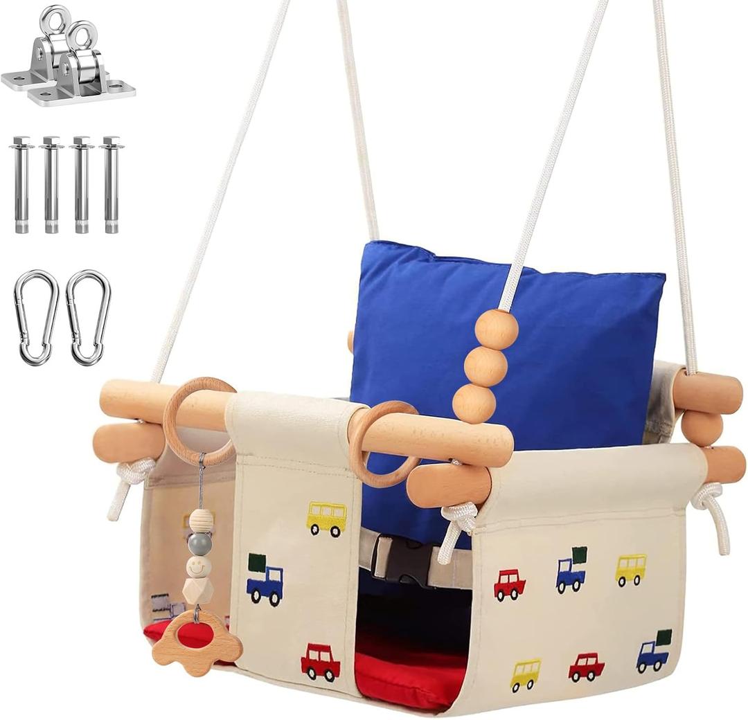 Talecogear Baby Swing  Outdoor & Indoor, Cozy Toddler Swing for Backyard, Hanging Swing Seat Chair, Cotton Canvas & Beech Wood Frame, Safety Harness, Mounting Hardware Included (Red)