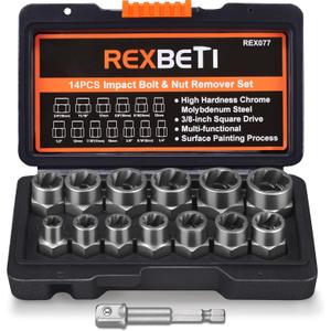 REXBETI Impact Bolt & Nut Remover Set, 13+1 Pieces Bolt Extractor Tool Set with Solid Storage Case