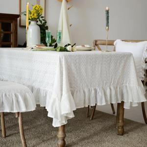 White Cotton Tablecloth Ruffled Lace Embroidered Fabric Tablecloths Rustic French Washable Table Cover for Indoor Outdoor Home Holiday Party Christmas (White, 52 x 70 Inches)