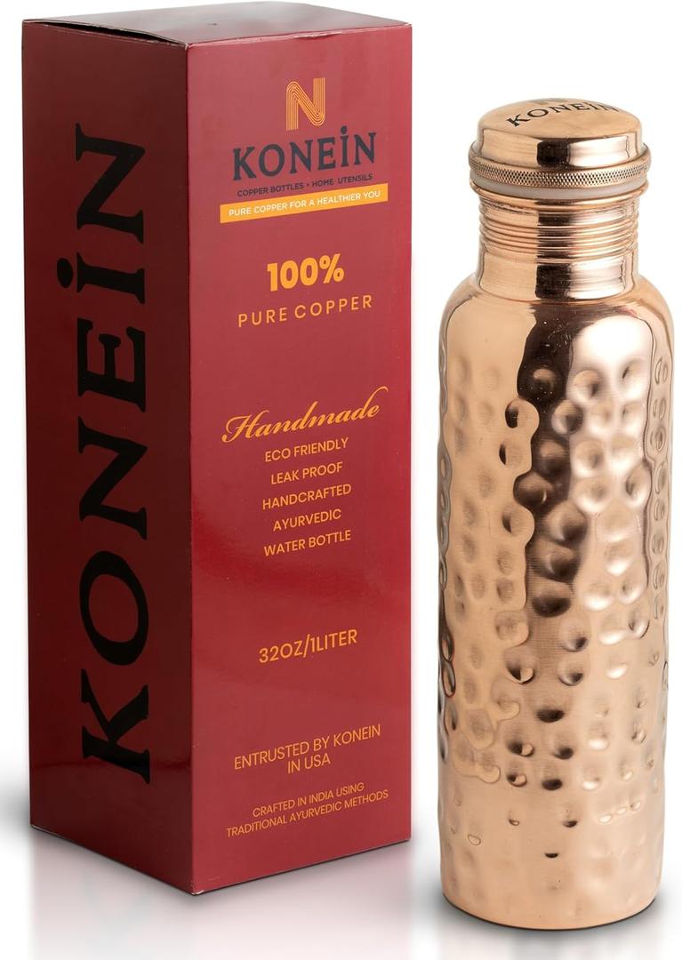 100% Copper Water Bottle, Hammered Finish Design, (34 Oz/1000ml), Copper Bottle for Drinking water with Nature Health Benefits, Leak-Proof, Durable & Eco-friendly, Ayurvedic water Bottle