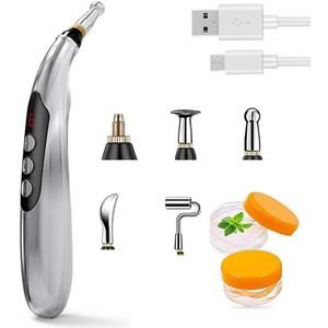 Acupuncture Pen, 5-in-1 Powerful Meridian Energy Pen for Pain Relief with 3 Massage Heads USB Rechargeable (Includes Massaging Gel)