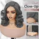 quickwig Short Loose Wave Bob Wig Side Part Body Wave Wigs Salt & Pepper Curly Wavy Wig for Women Grey Wigs Glueless Lace Part Synthetic Hair (16 Inch, Mixed Grey)
