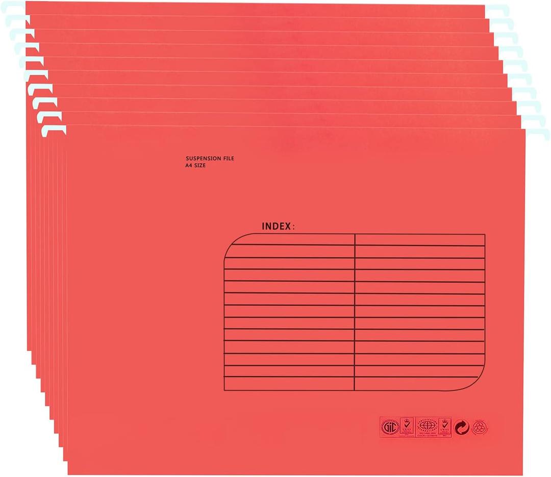 Hanging File Folder, A4 Suspension Files Holder, Hang Folder, Filing Cabinet Suspension File with Tab and Label for School Home Office, Red, 25 Pack