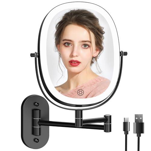 FUNTOUCH Wall Mounted Makeup Mirror with Light, Oval Rechargeable Double-Sided 7X/1X Magnifying Mirror, Vanity Mirror Dimmable 3 Color Light, 360° Extension Rotation Foldable 13.5 in