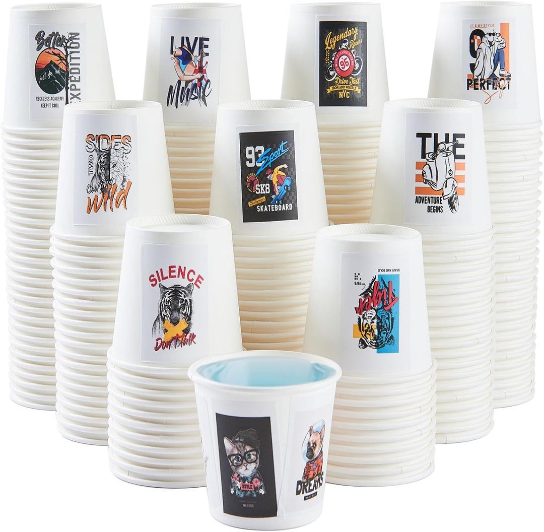 300 Pack 3 oz Disposable Paper Cups with 200 free DIY Stickers, Leakproof Small Mouthwash Cups for Home, Office, Restaurant - Affordable Bulk Bathroom Cups (White)